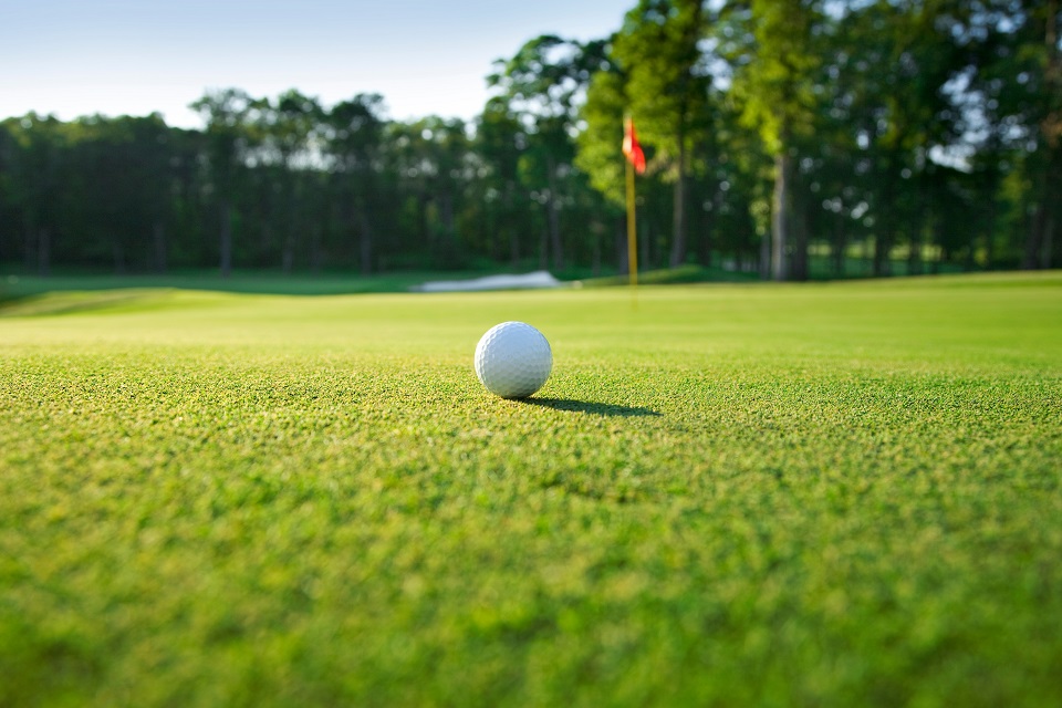 Close up of golf ball on green selective focus
